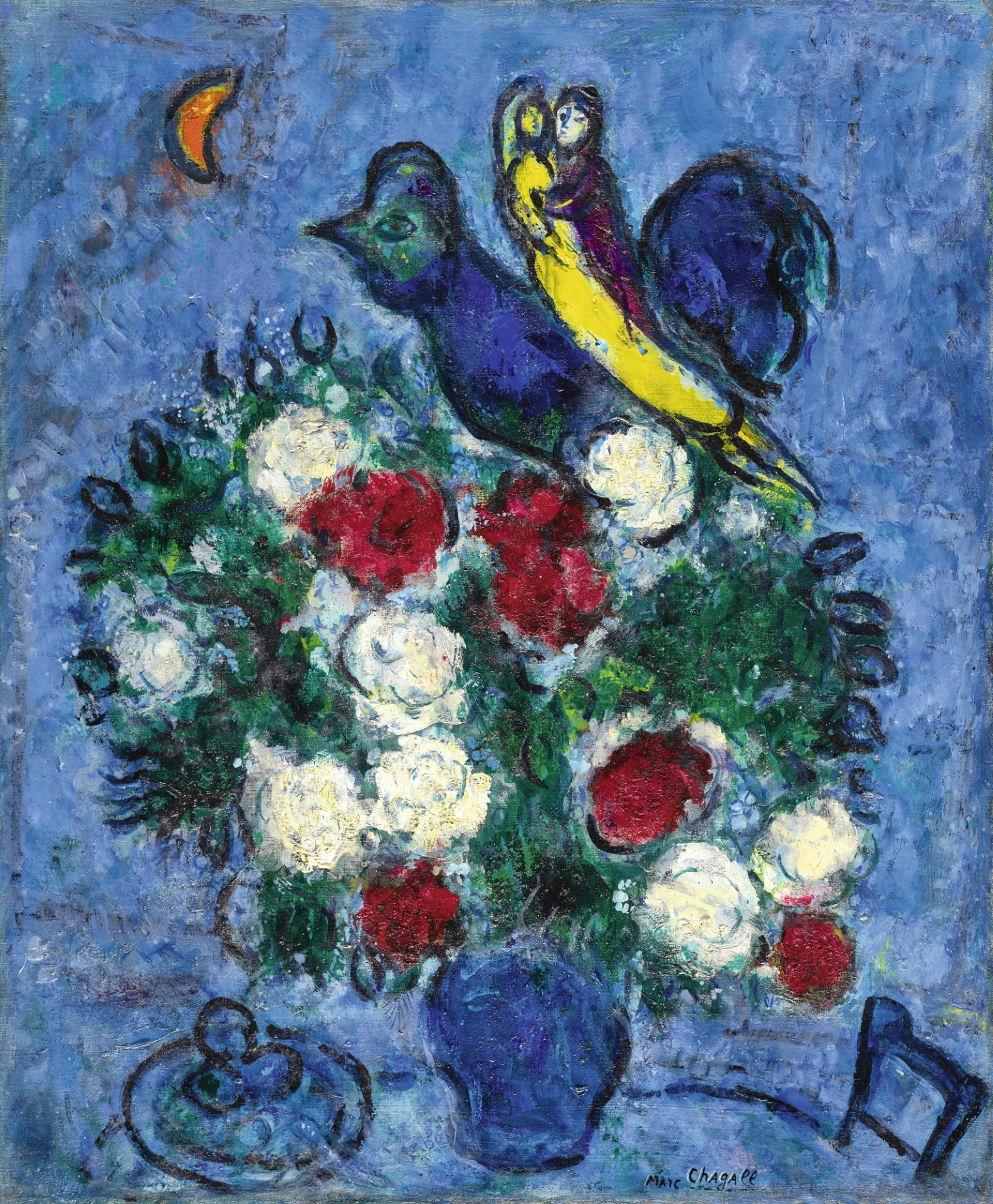 Marc Chagall - Vase de fleurs, couple et coq 1957